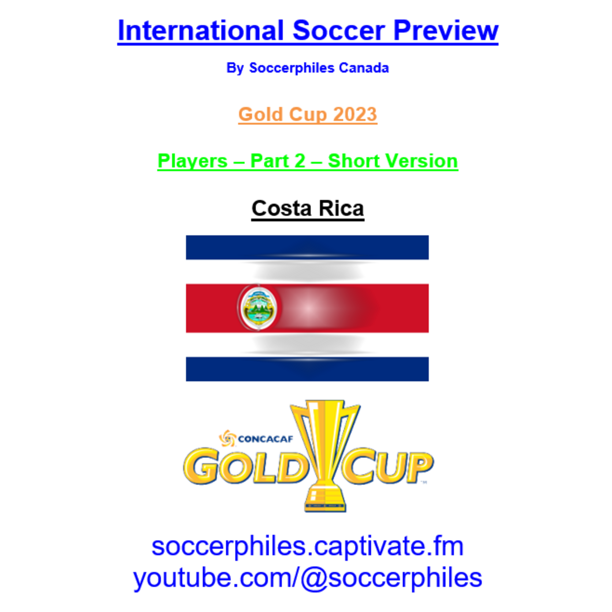 Costa Rica Squad - Short Version - Gold Cup 2023 Players