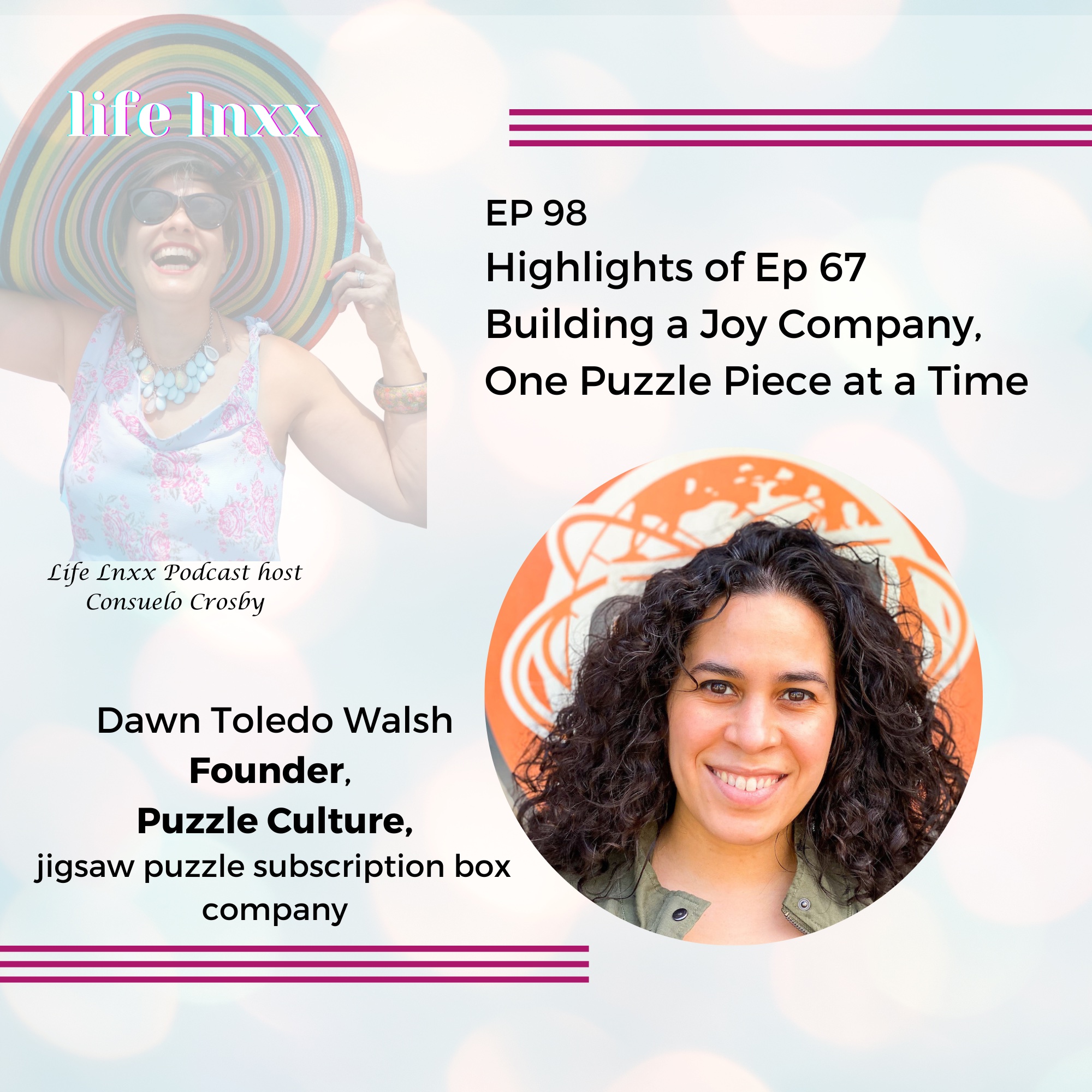 Highlights of Ep 67 with Dawn Toledo Walsh, Latina Founder of Puzzle Culture, a jigsaw puzzle subscription box company