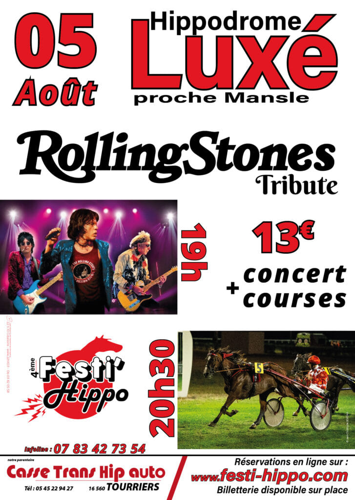 ⁣Ce samedi 5 août c’est le nouveau Festi Hippo à Luxé proche de Mansle. Animations pour tous, concert de The Rollingstone’s Tribute et les courses en nocturne