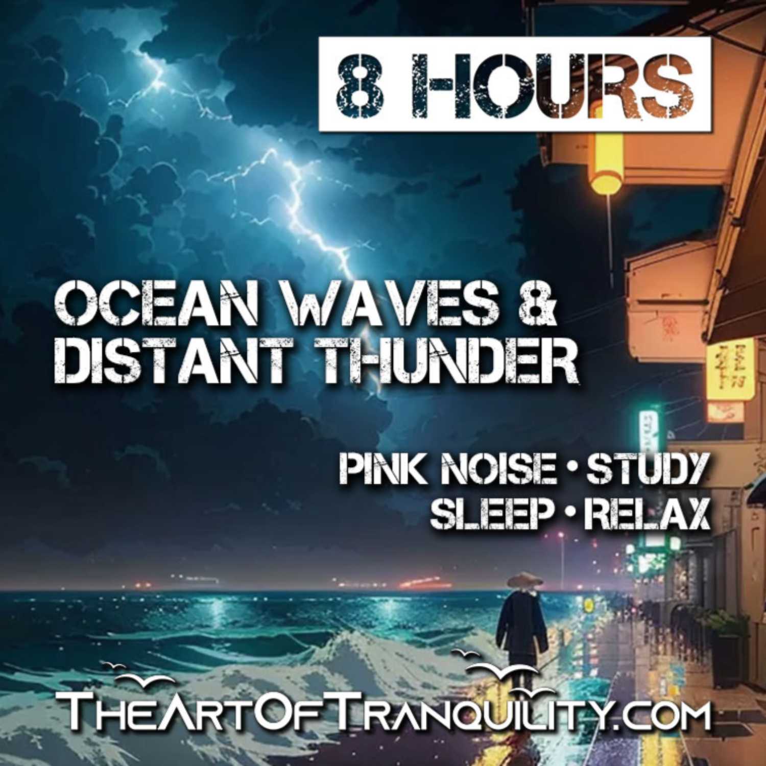 OCEAN WAVES & DISTANT THUNDER | Pink Noise to Study, Sleep or Relax | 8 Hrs