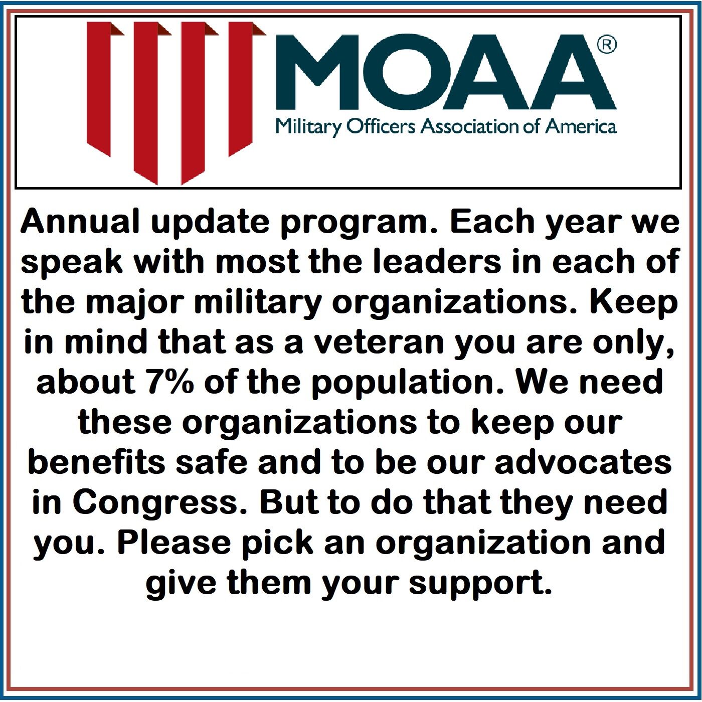 ⁣President Brian Kelly of the Military Officers Association of America updates us on the efforts his organization is taking on our behalf before Congress. As always Lt. Gen Kelly, USAF Ret. bring with him lots of important information.