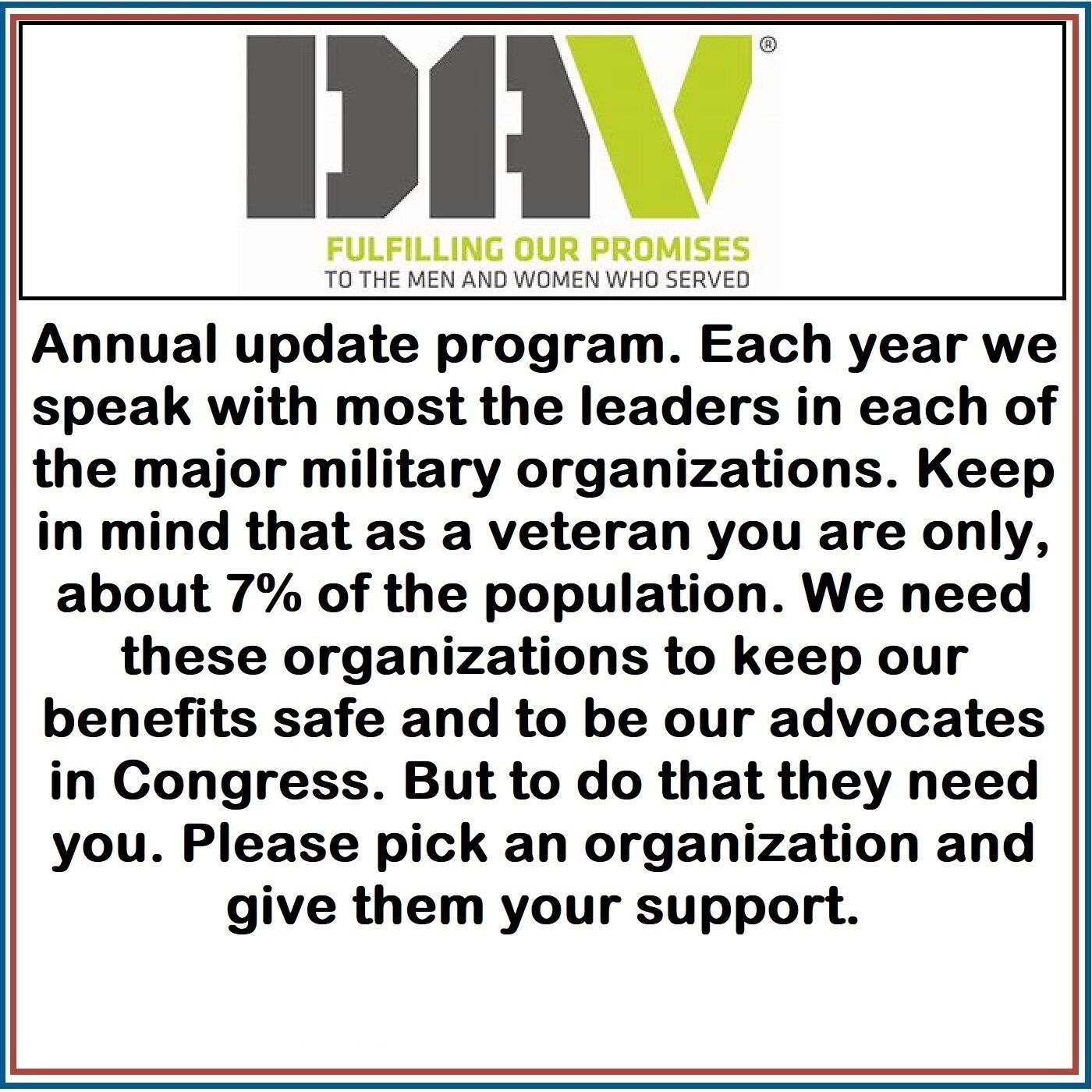 ⁣DAV continues to be a leader in claims submission. If you think you have a claim listen in to see how they might help you along with meeting thier new National Commander, Nancy Espinosa.