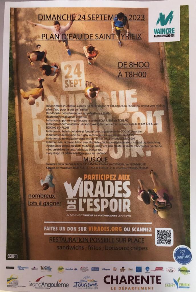 Ce dimanche 24 septembre, rendez-vous nombreux pour « les Virades de l’espoir » au plan d’eau de St Yrieix