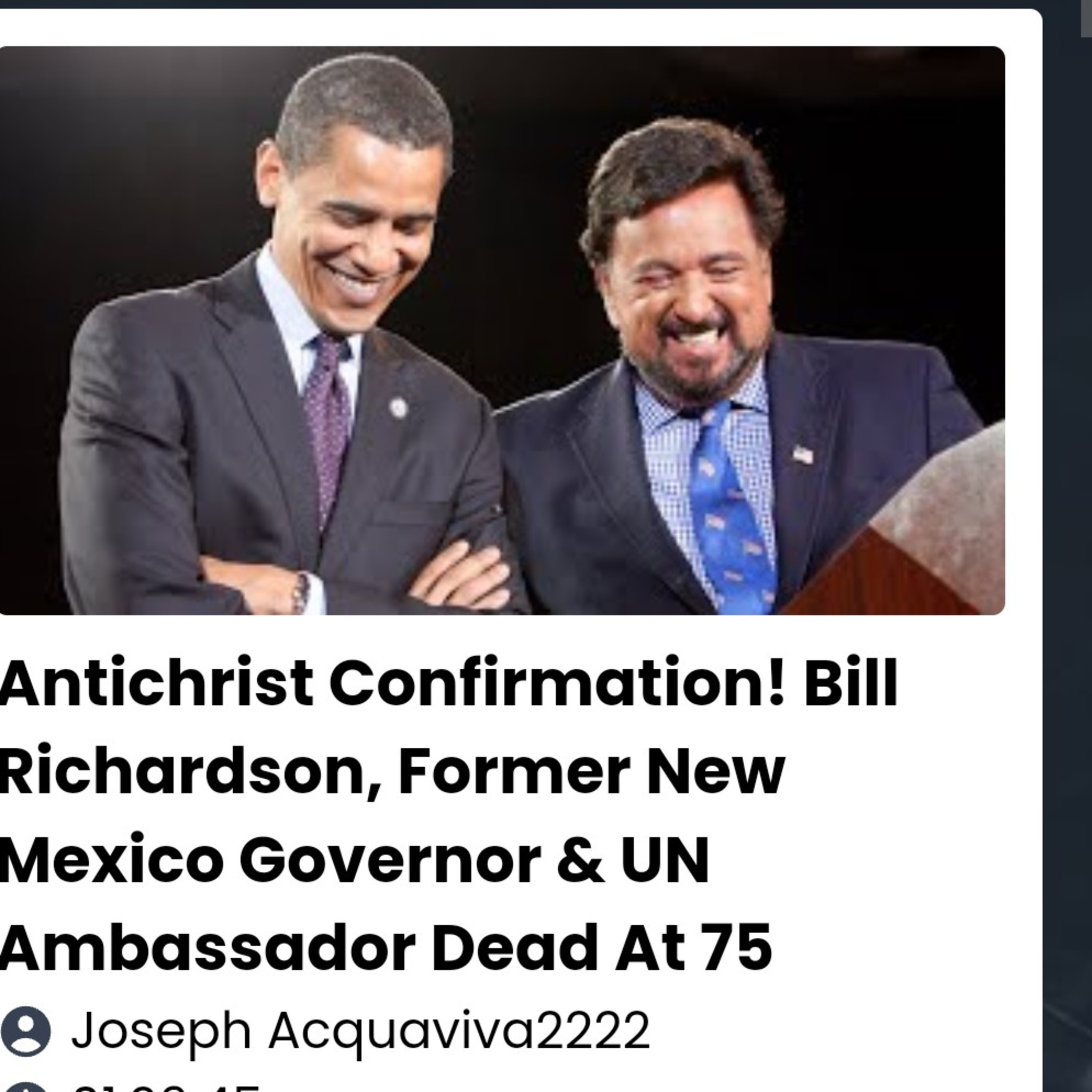 Antichrist Confirmation! Bill Richardson, Former New Mexico Governor & UN Ambassador Dead At 75